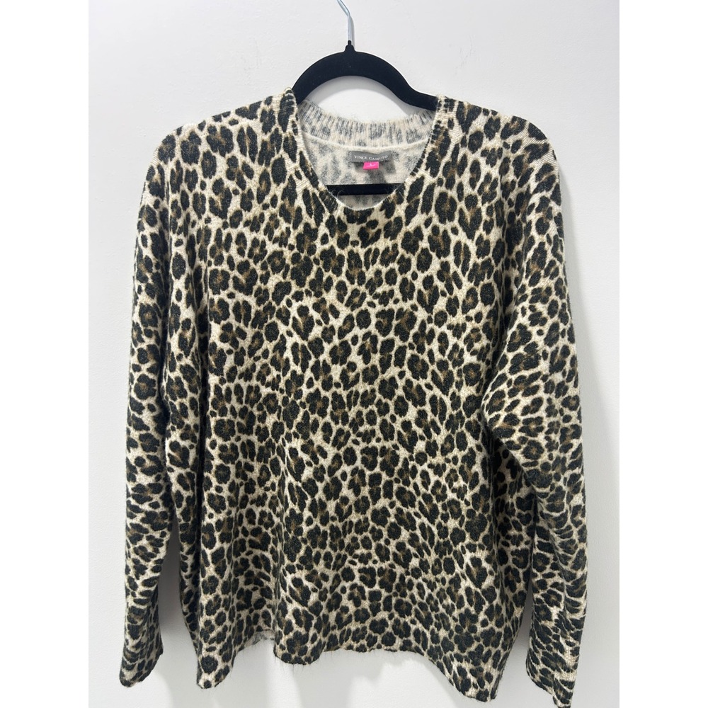 Vince Camuto Womens Leopard Print Fuzzy Knit Pullover Sweater Tan Black Large